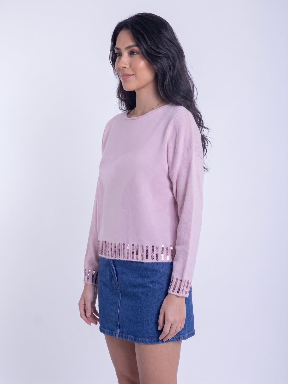 Suéter rosita cuello redondo con lentejuelas decorativas