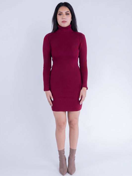 Vestido guinda cuello alto acanalado manga larga