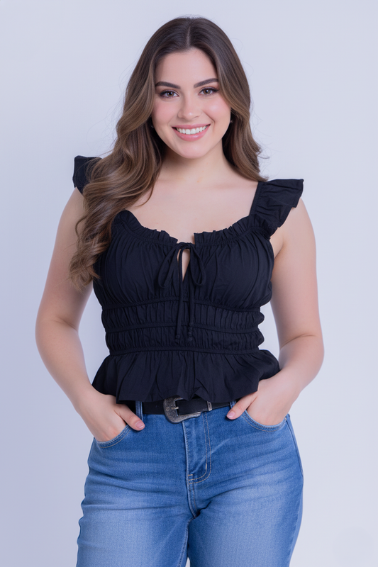 Crop top negro tipo campesino con amarre en escote