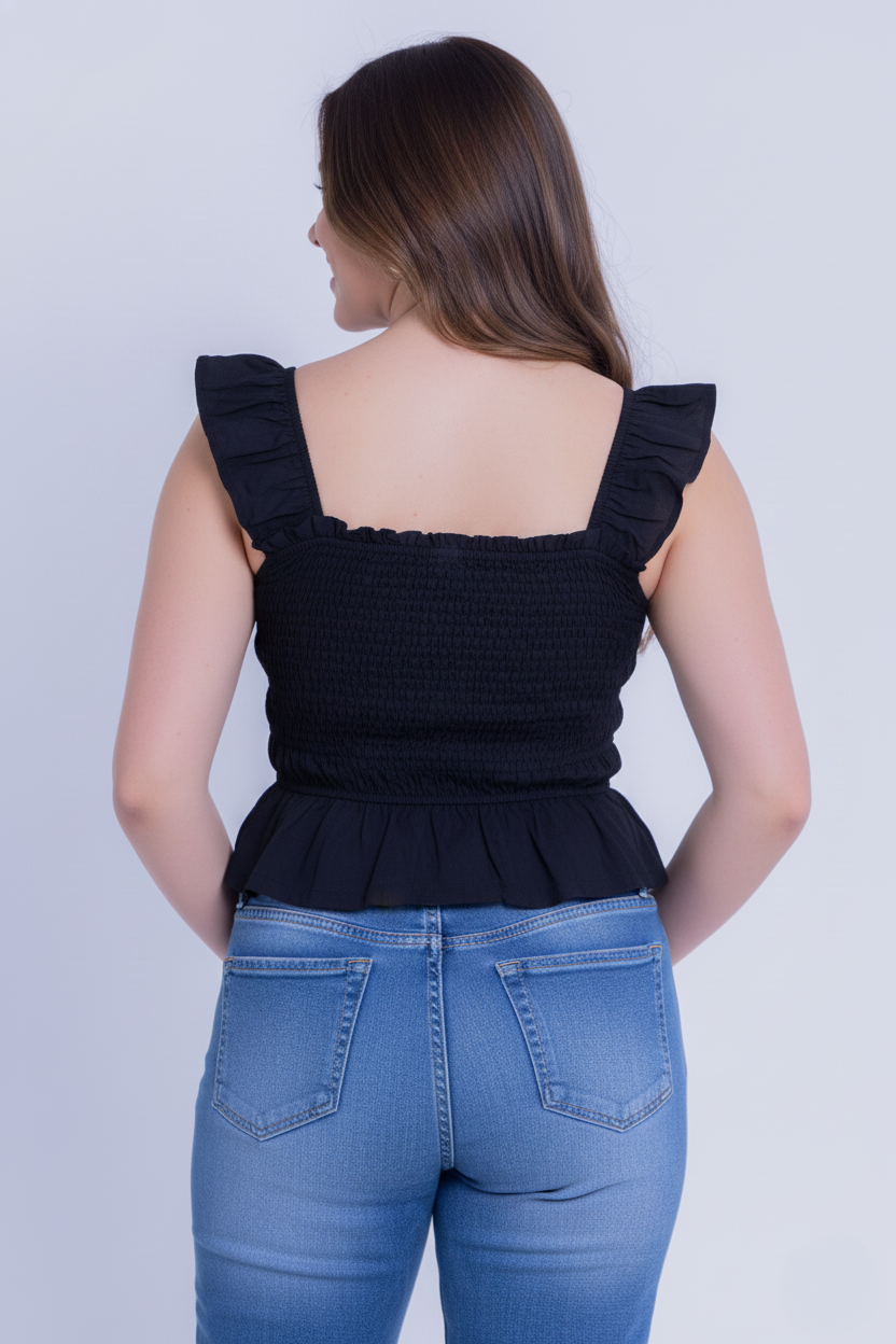 Crop top negro tipo campesino con amarre en escote
