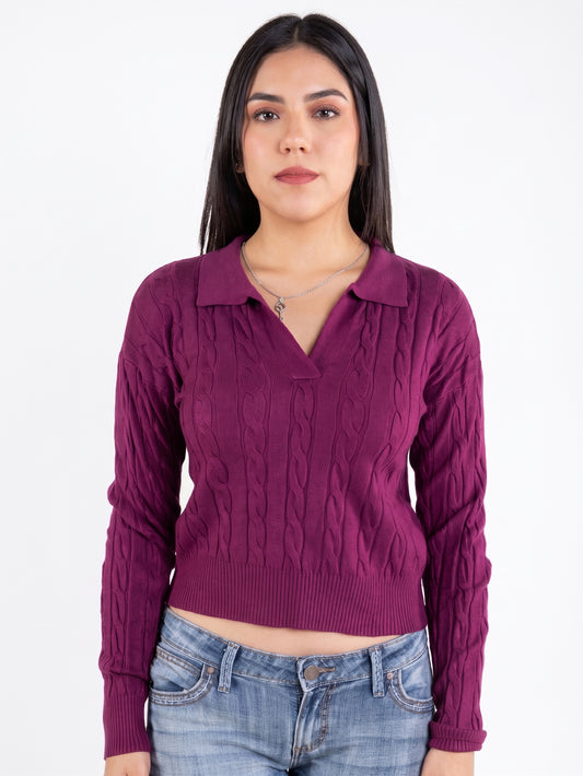 Suéter guinda trenzado cuello estilo polo