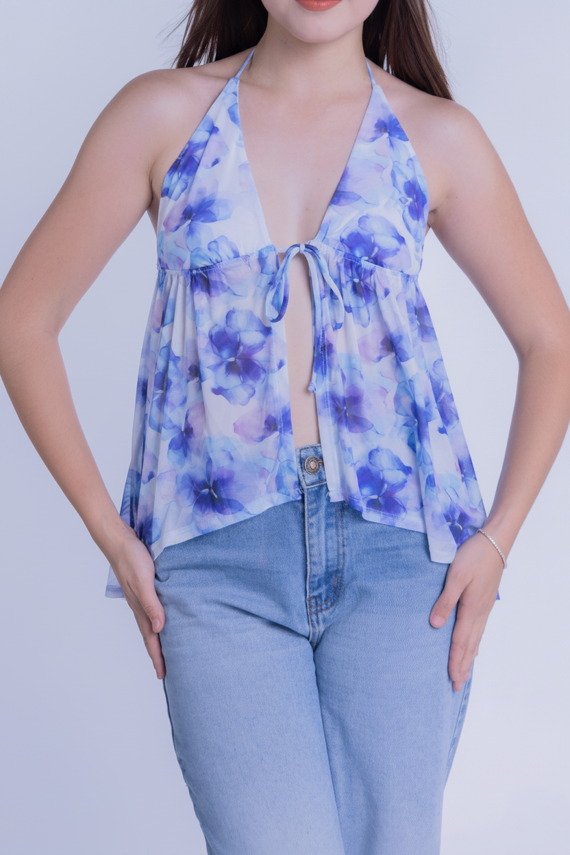 Blusa tipo halter tela mesh con estampado flores