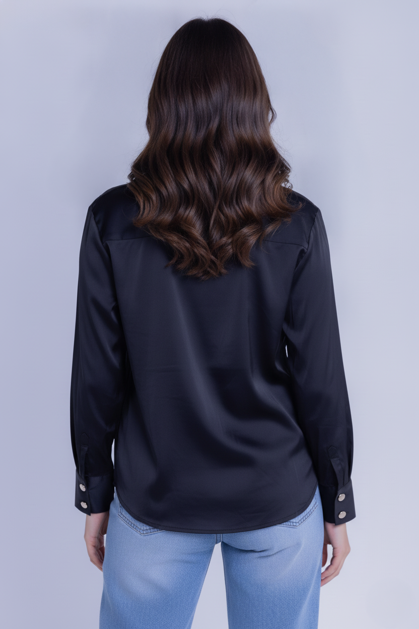 Blusa satinada negra abotonada