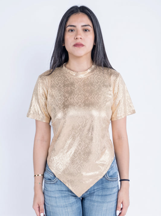 Blusa dorada cuello redondo con corte desigual