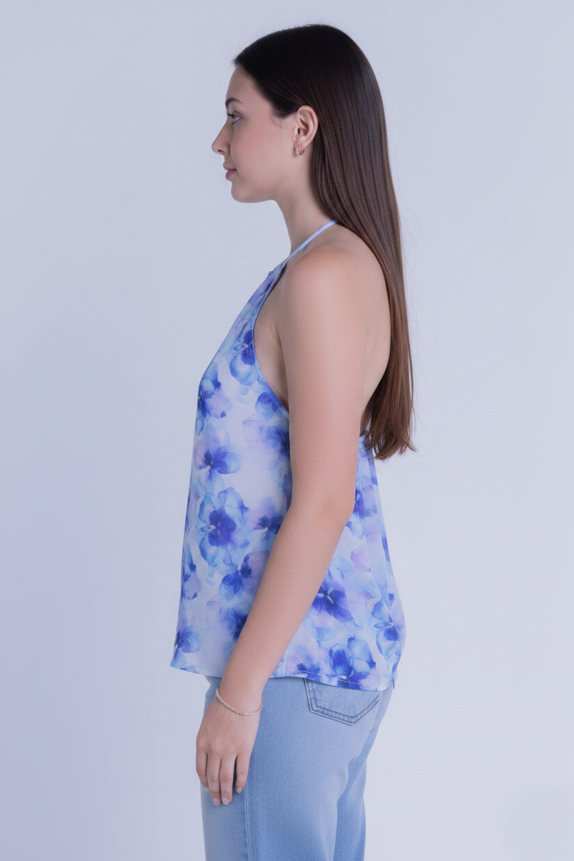 Blusa tipo halter tela mesh con estampado flores