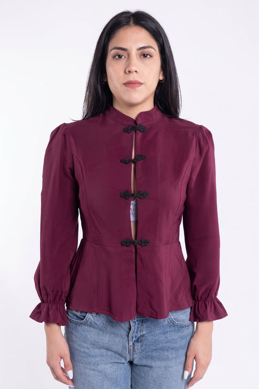 Blusa guinda corte estilo japones acinturada