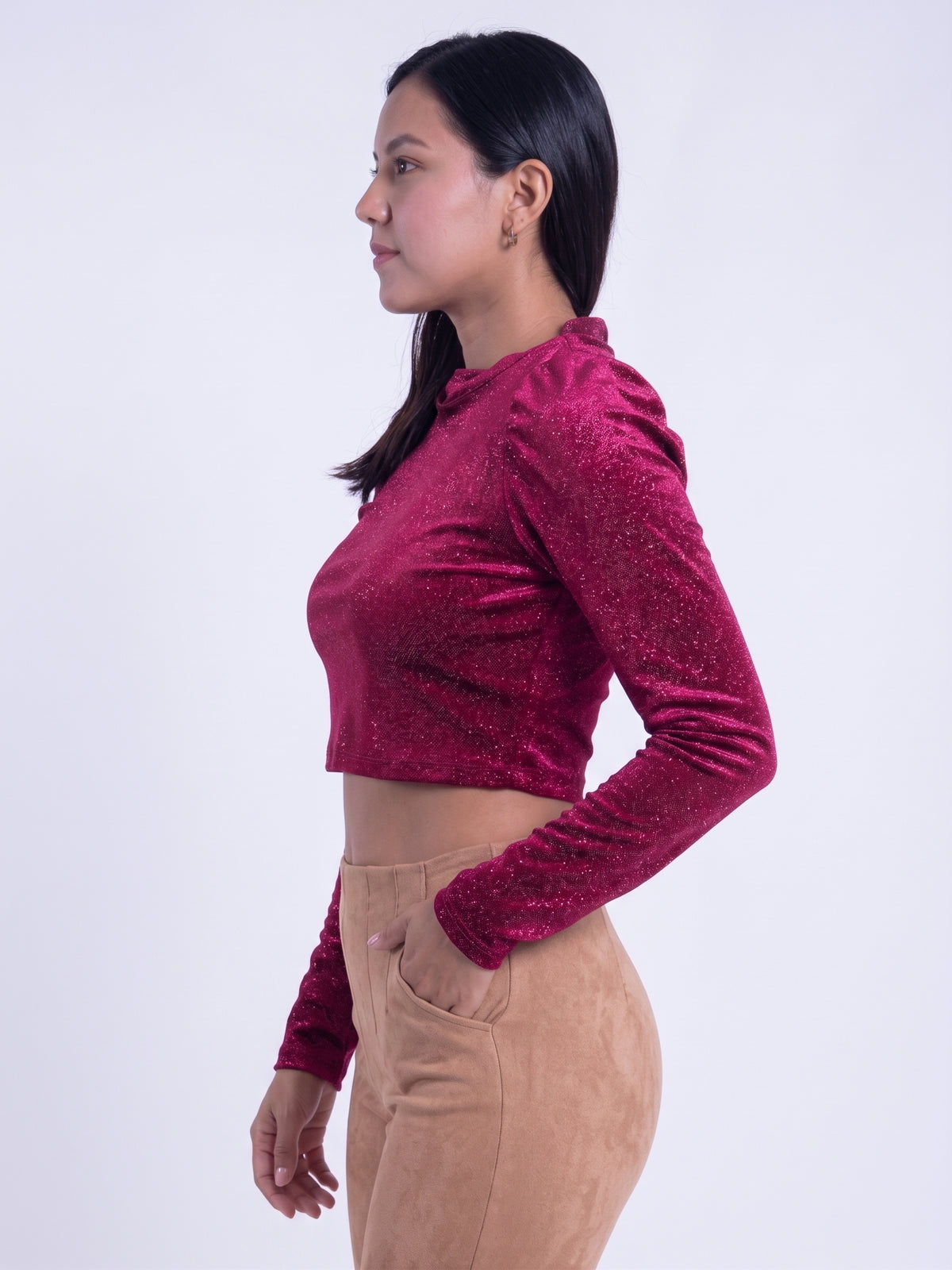 Crop top guinda gamuza cuello redondo