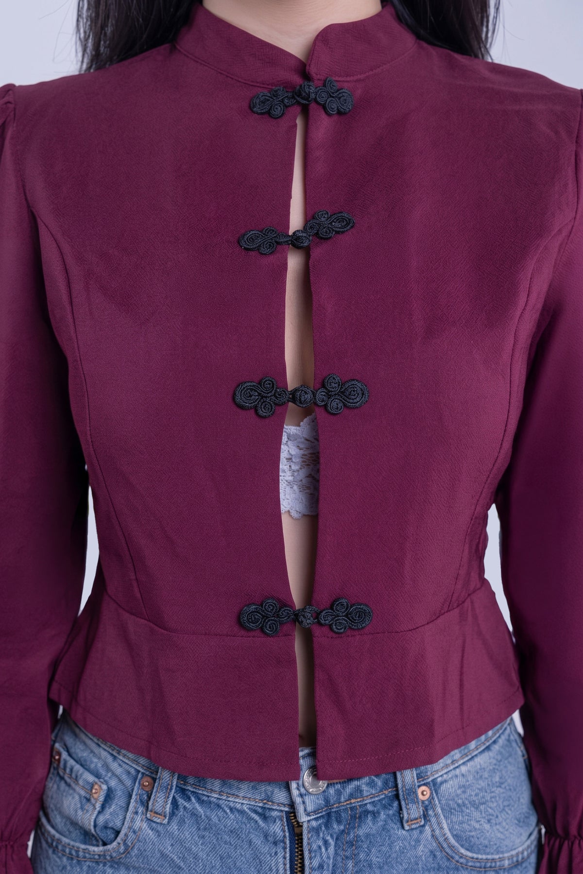 Blusa guinda corte estilo japones acinturada