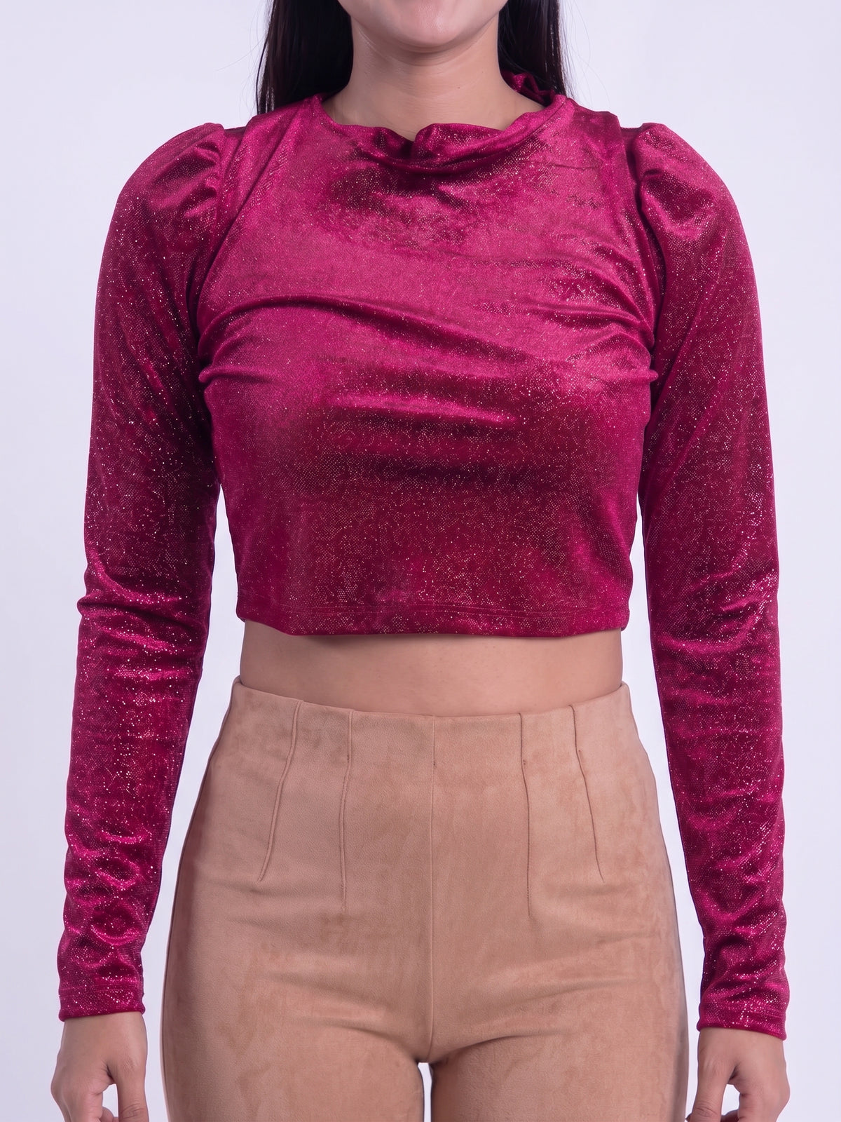 Crop top guinda gamuza cuello redondo