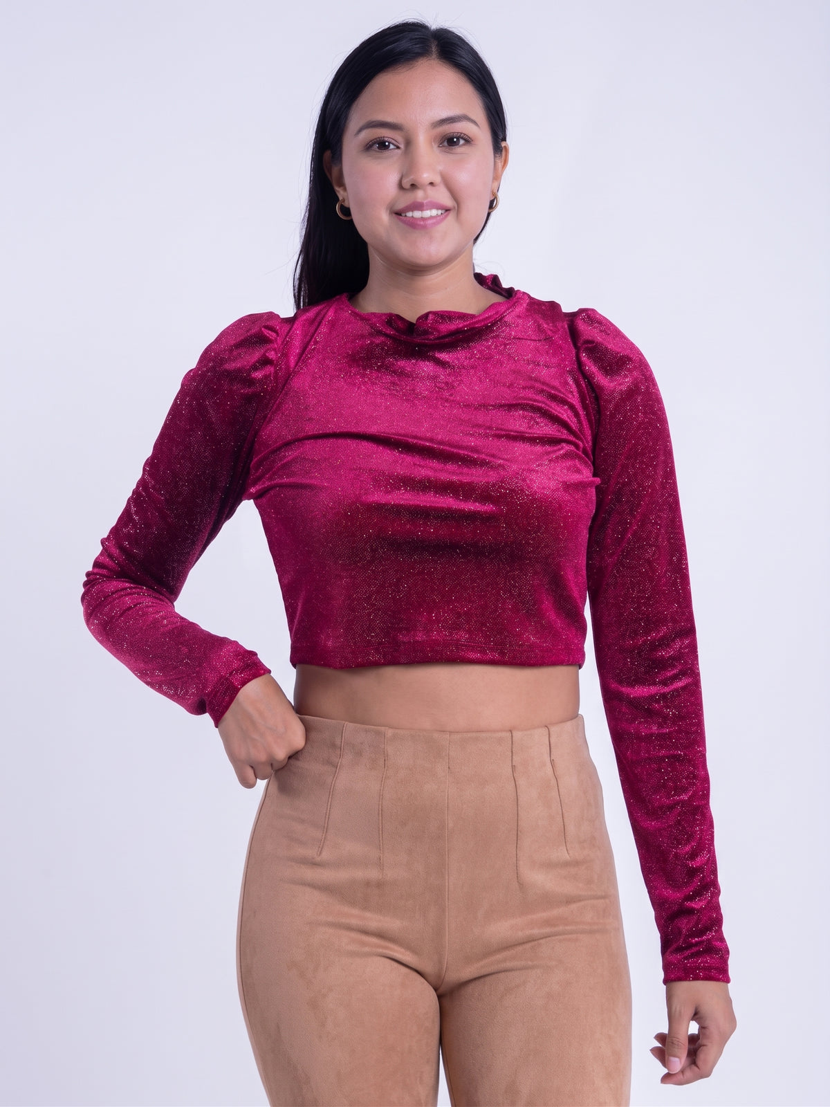 Crop top guinda gamuza cuello redondo