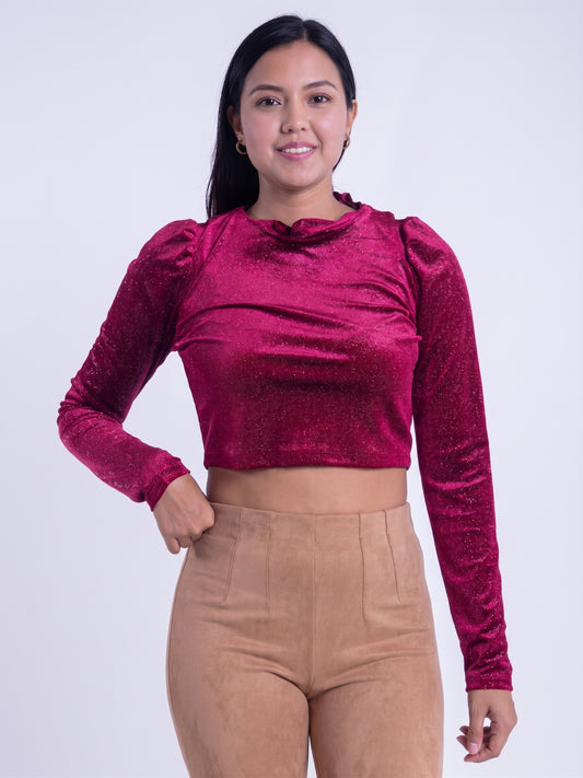Crop top guinda gamuza cuello redondo