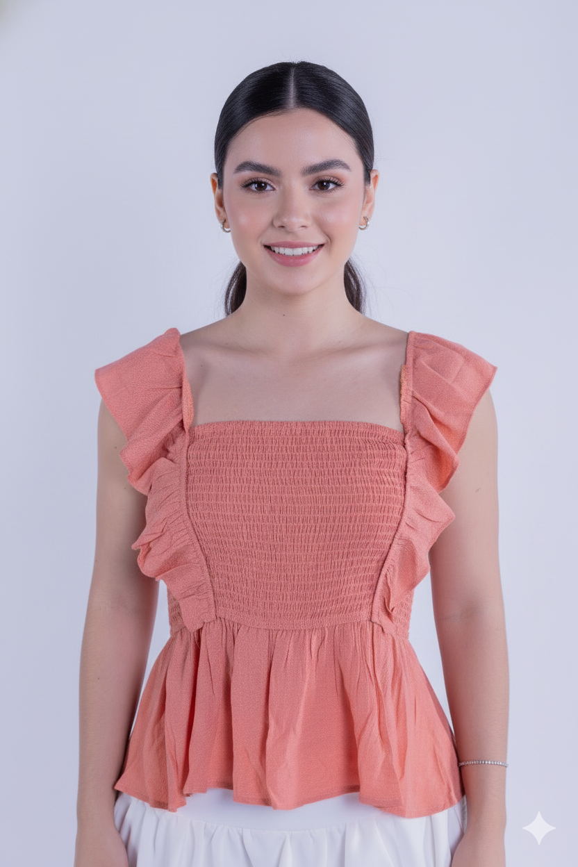Blusa salmon con elástico en pecho tipo campesina