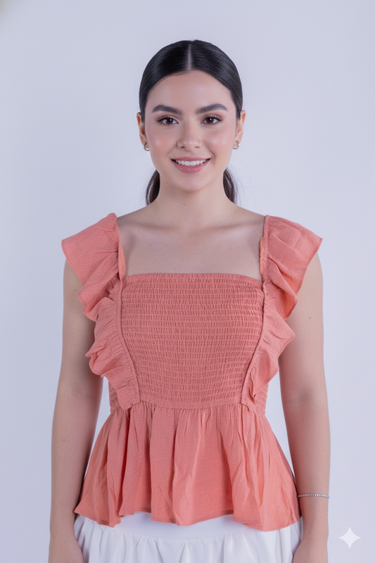 Blusa salmon con elástico en pecho tipo campesina