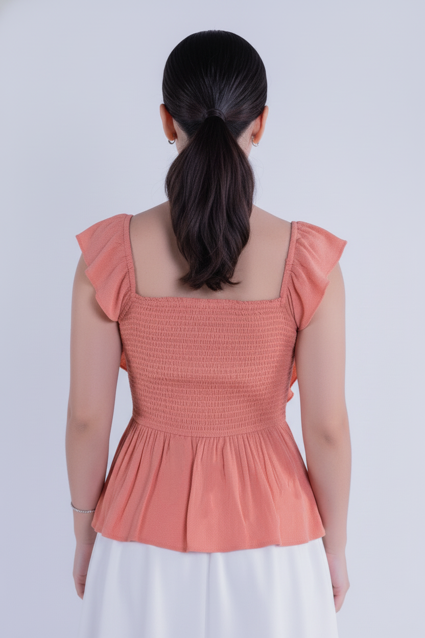 Blusa salmon con elástico en pecho tipo campesina