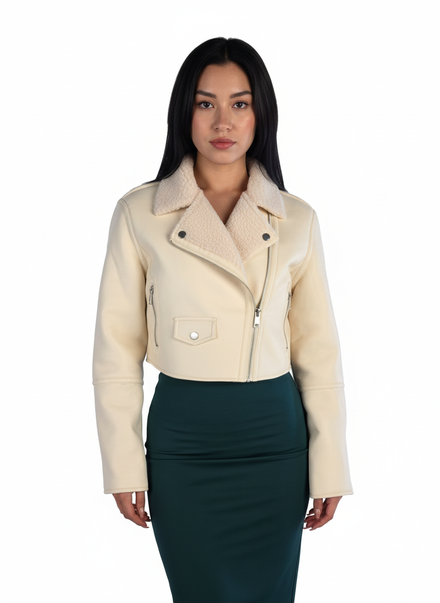 Chamarra beige de vinipiel con cuello e interior de borrega