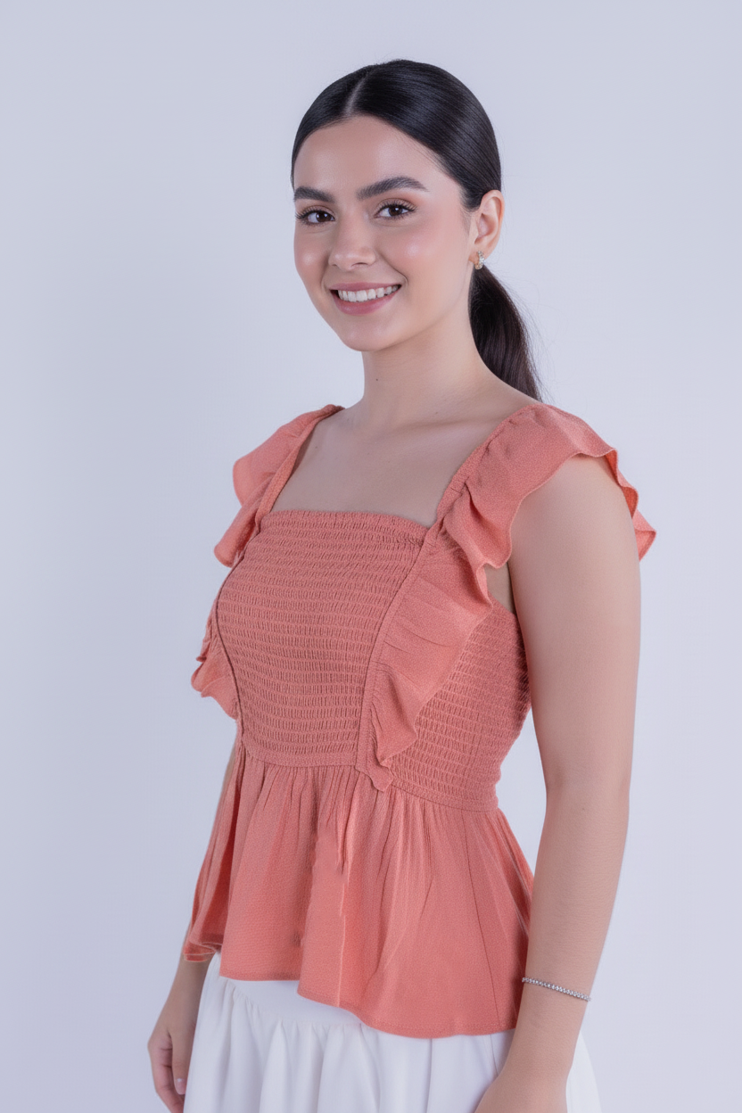 Blusa salmon con elástico en pecho tipo campesina