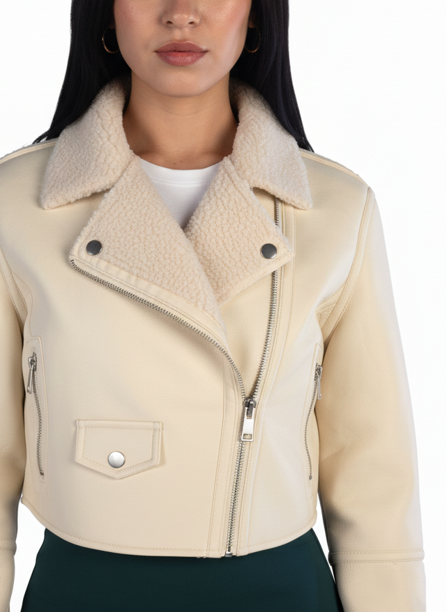 Chamarra beige de vinipiel con cuello e interior de borrega