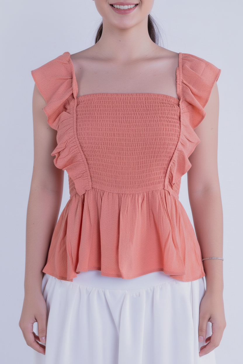 Blusa salmon con elástico en pecho tipo campesina