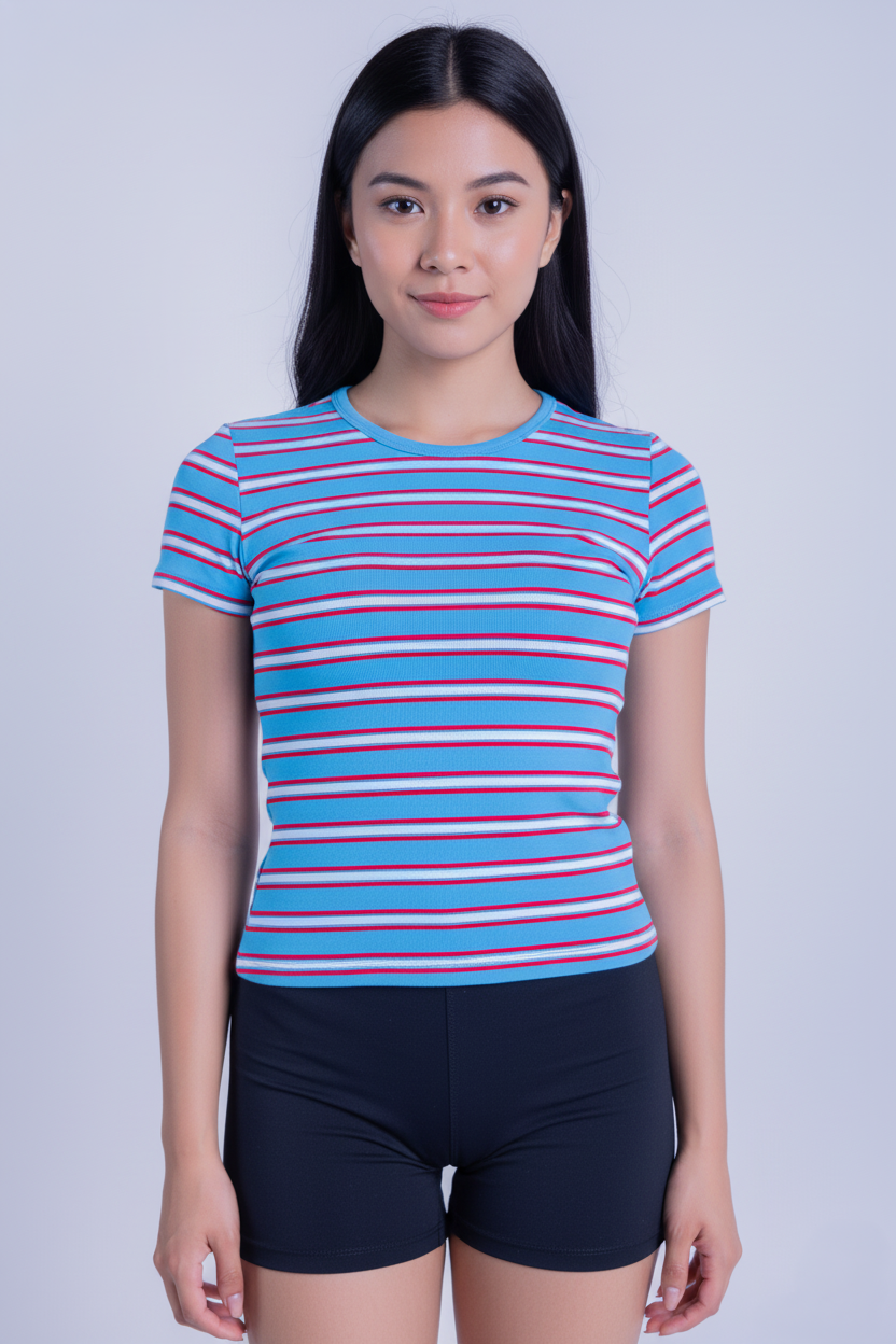 Blusa azul con rayas horizontales cuello redondo