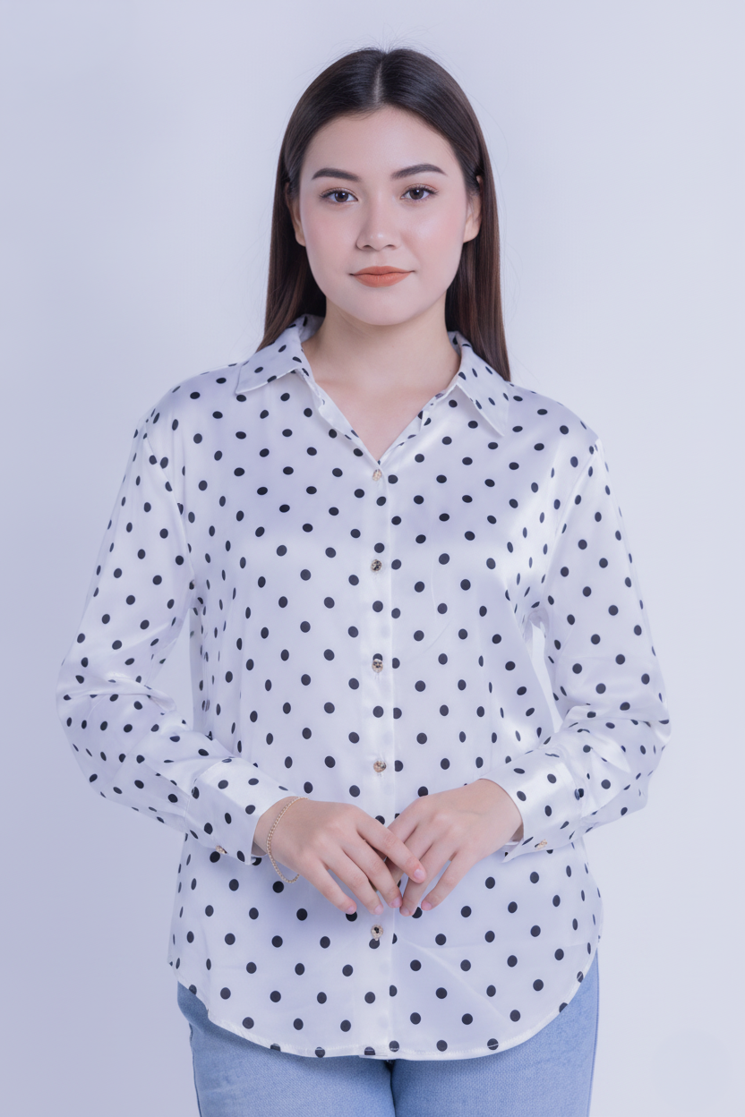 Blusa blanca satinada abotonada de puntos