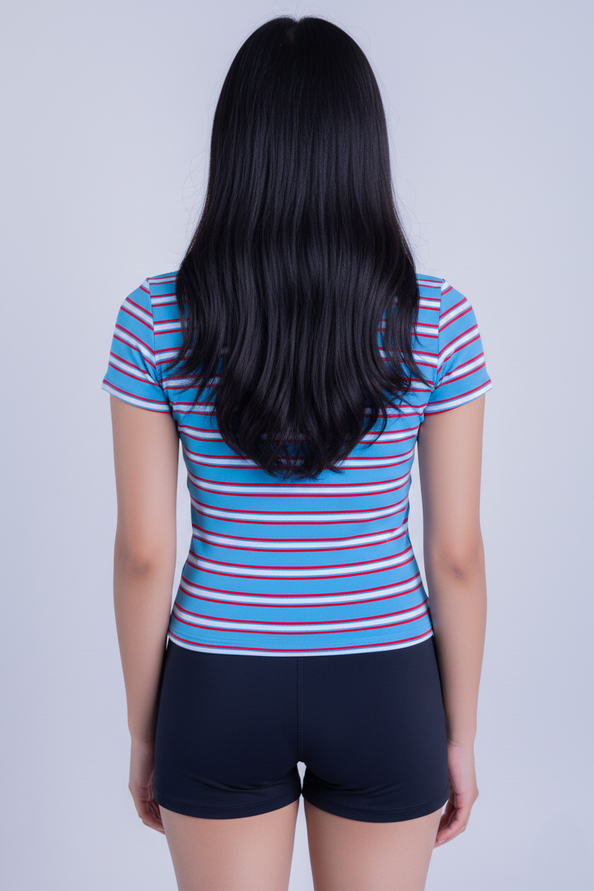 Blusa azul con rayas horizontales cuello redondo