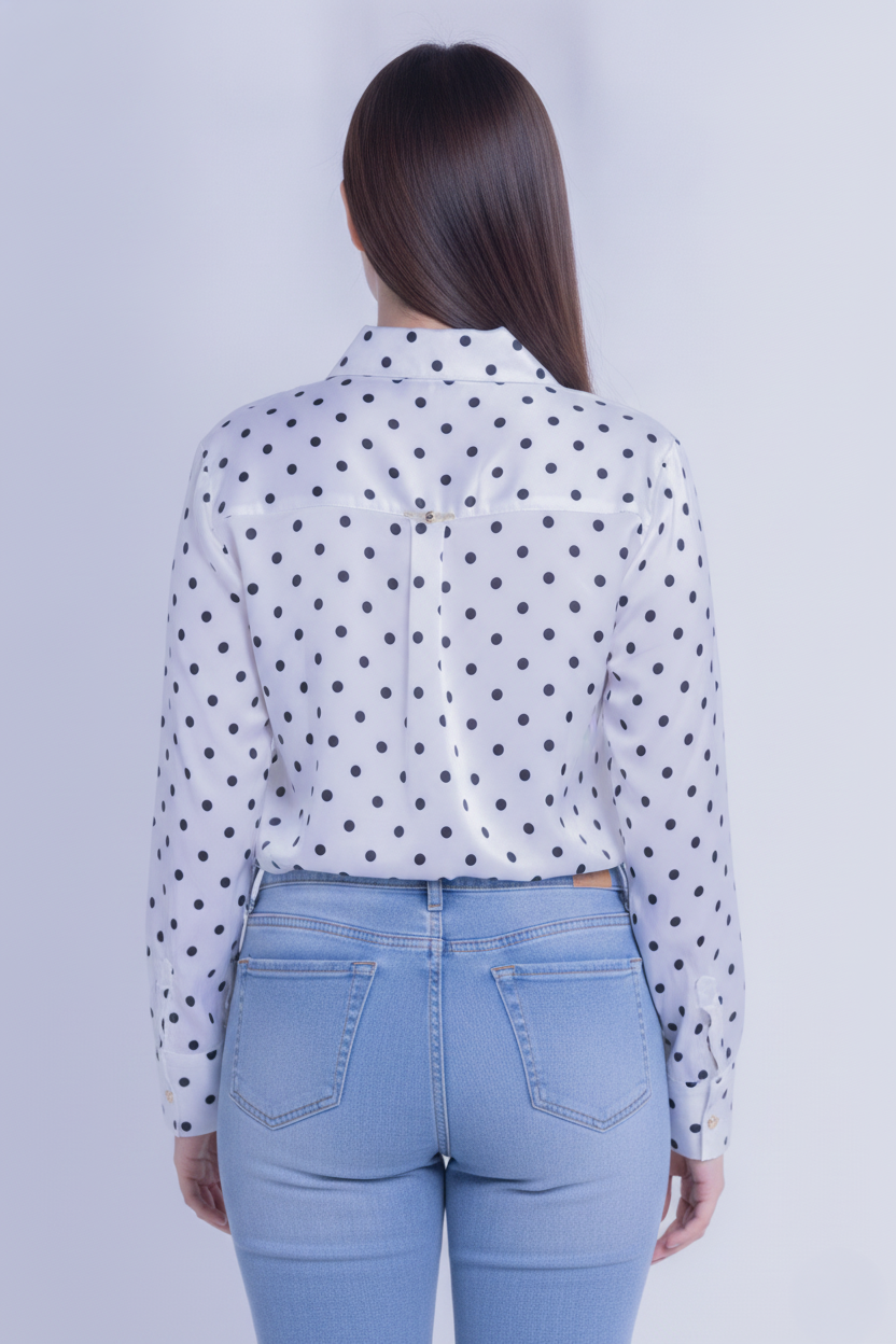 Blusa blanca satinada abotonada de puntos