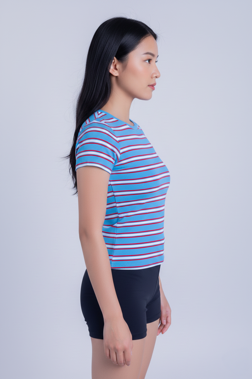 Blusa azul con rayas horizontales cuello redondo