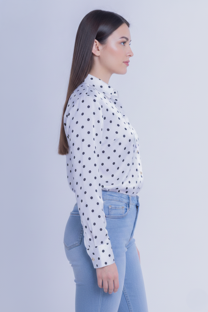 Blusa blanca satinada abotonada de puntos