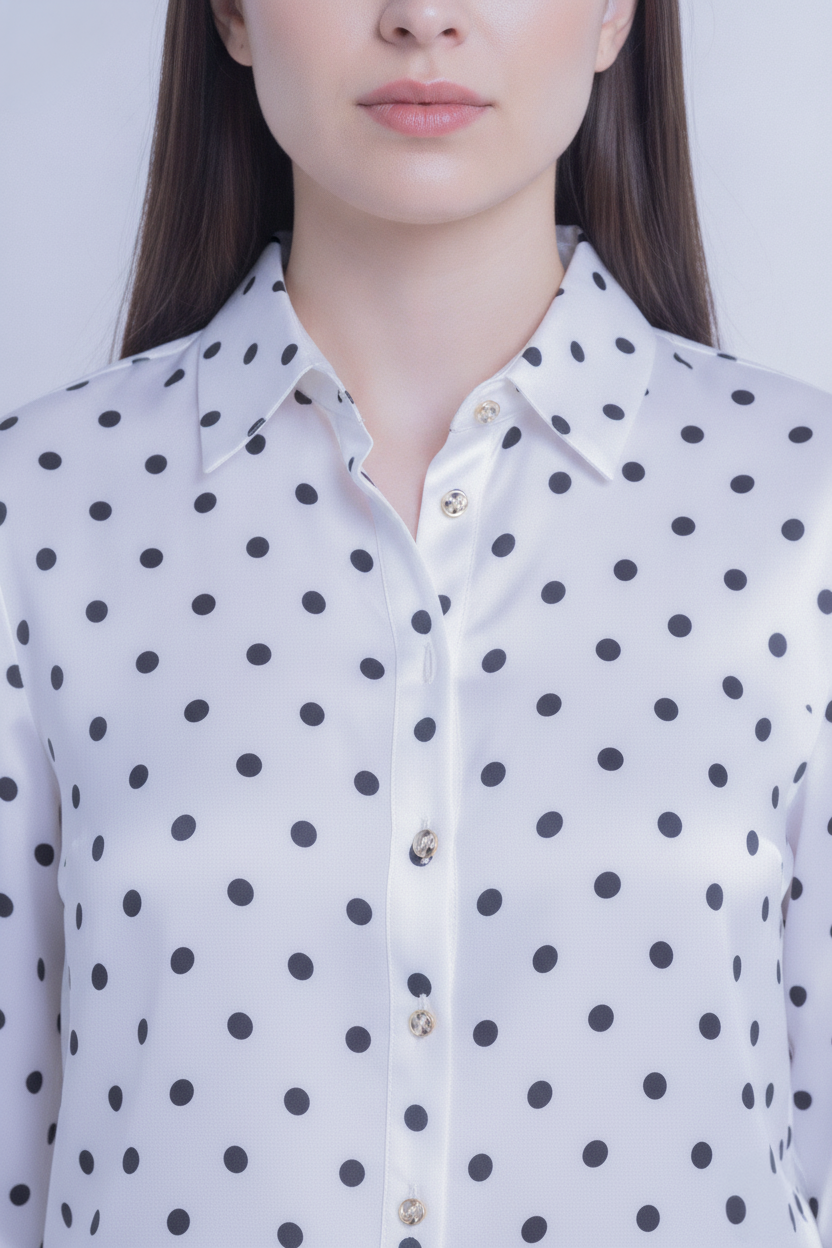 Blusa blanca satinada abotonada de puntos