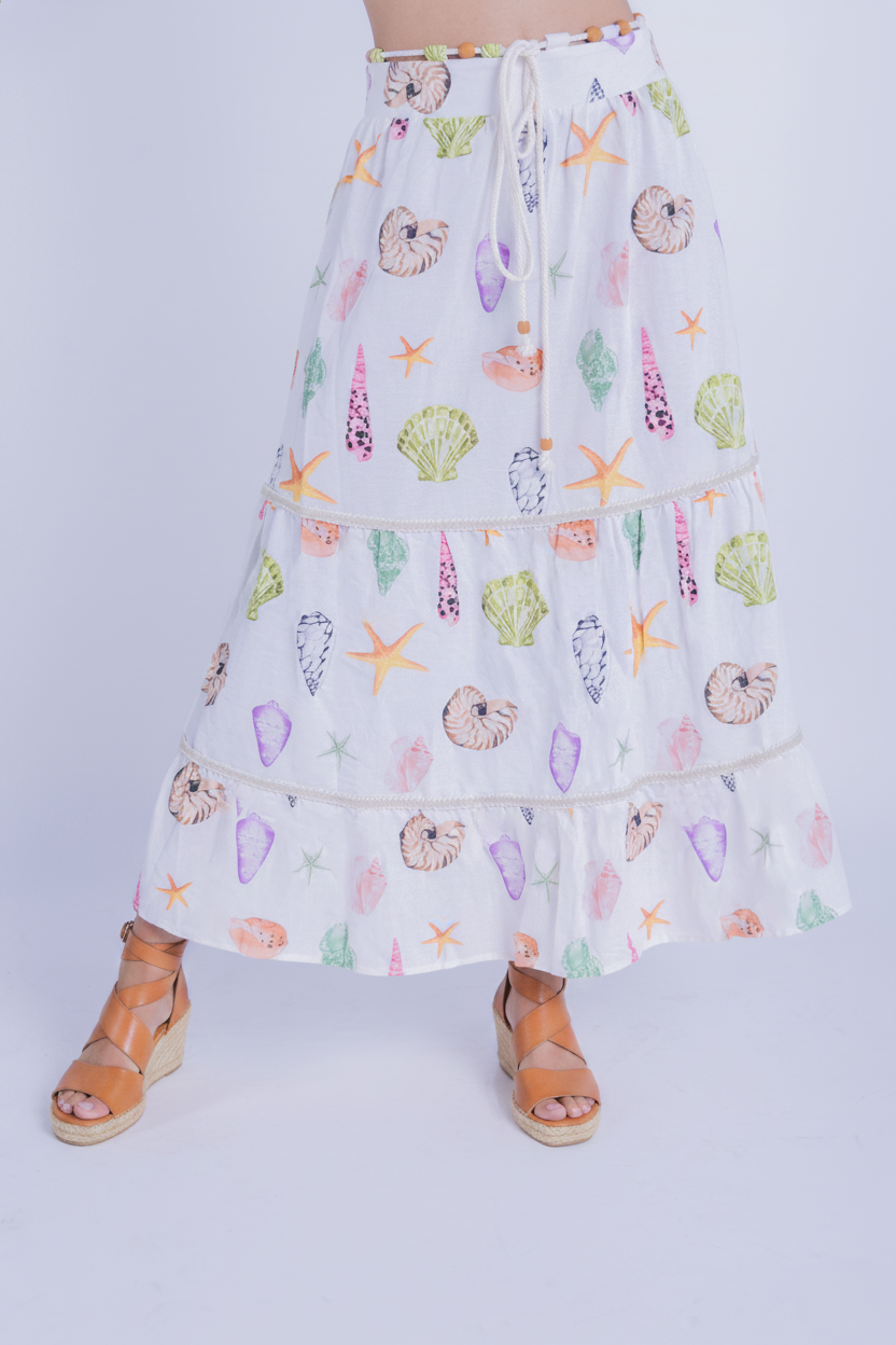 Falda blanca con estampado de mar con cinto de tela