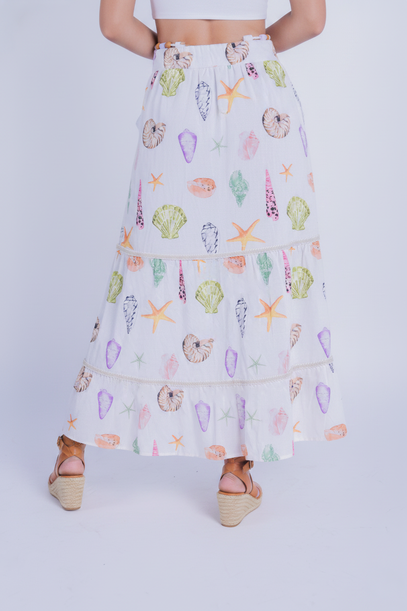 Falda blanca con estampado de mar con cinto de tela