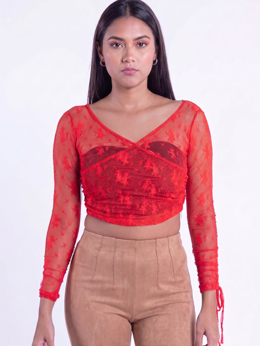 Crop top mesh cuello en V con amarres en puño