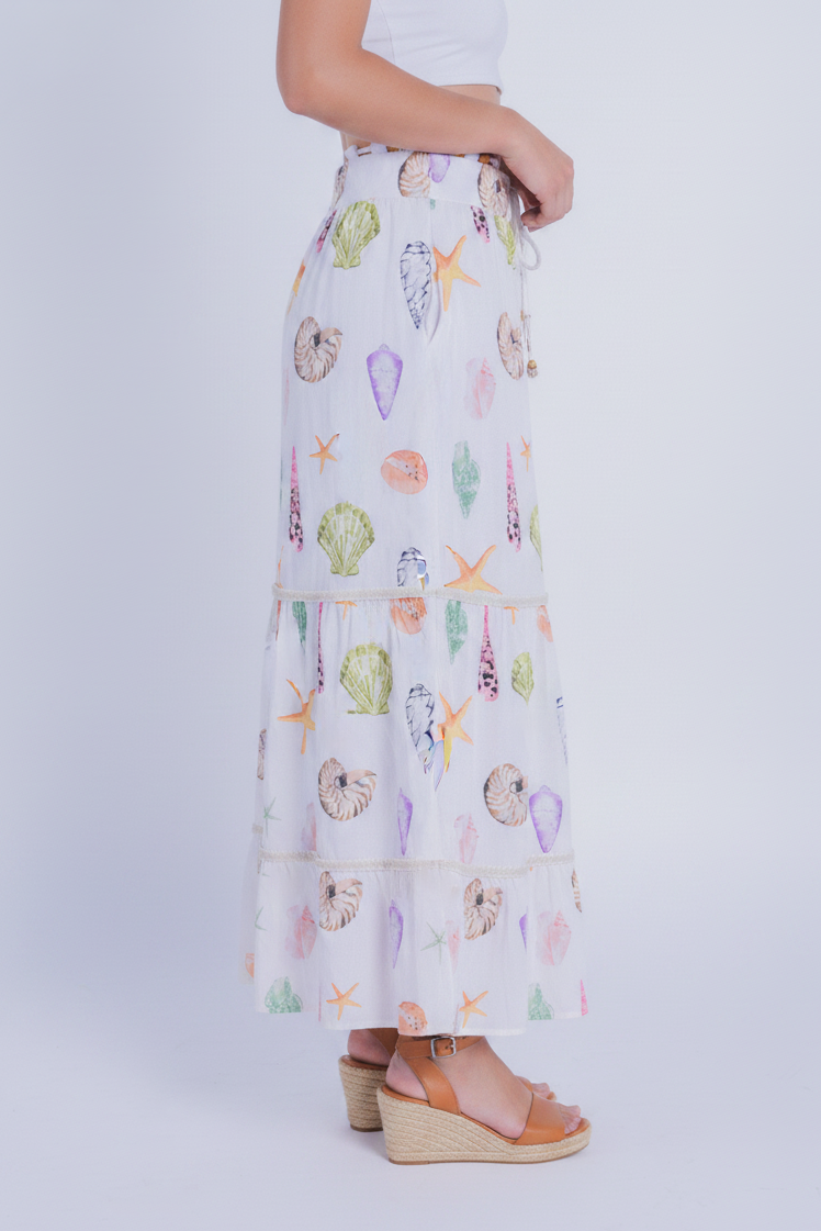 Falda blanca con estampado de mar con cinto de tela