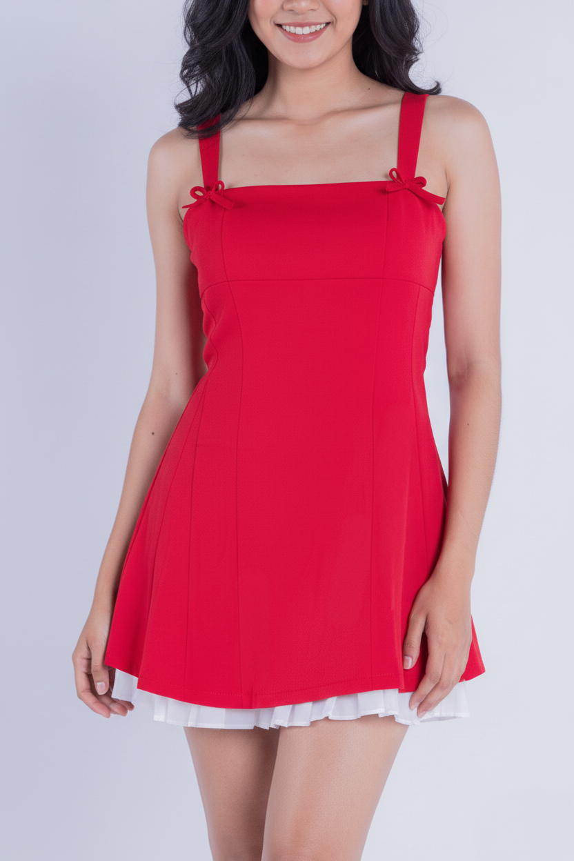 Vestido rojo de tirantes con contraste en falda blanco