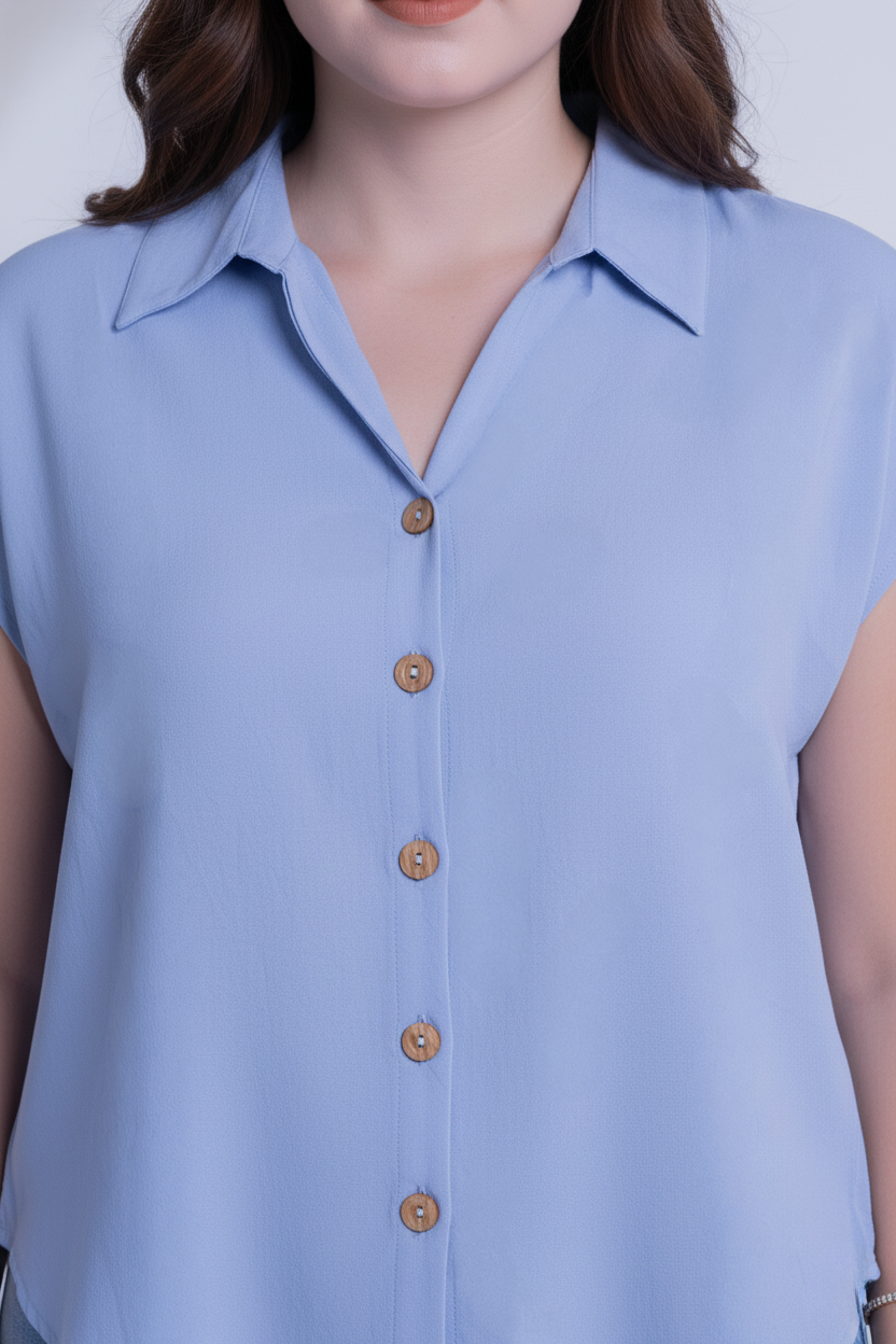 Blusa azul de manga corta abotonada