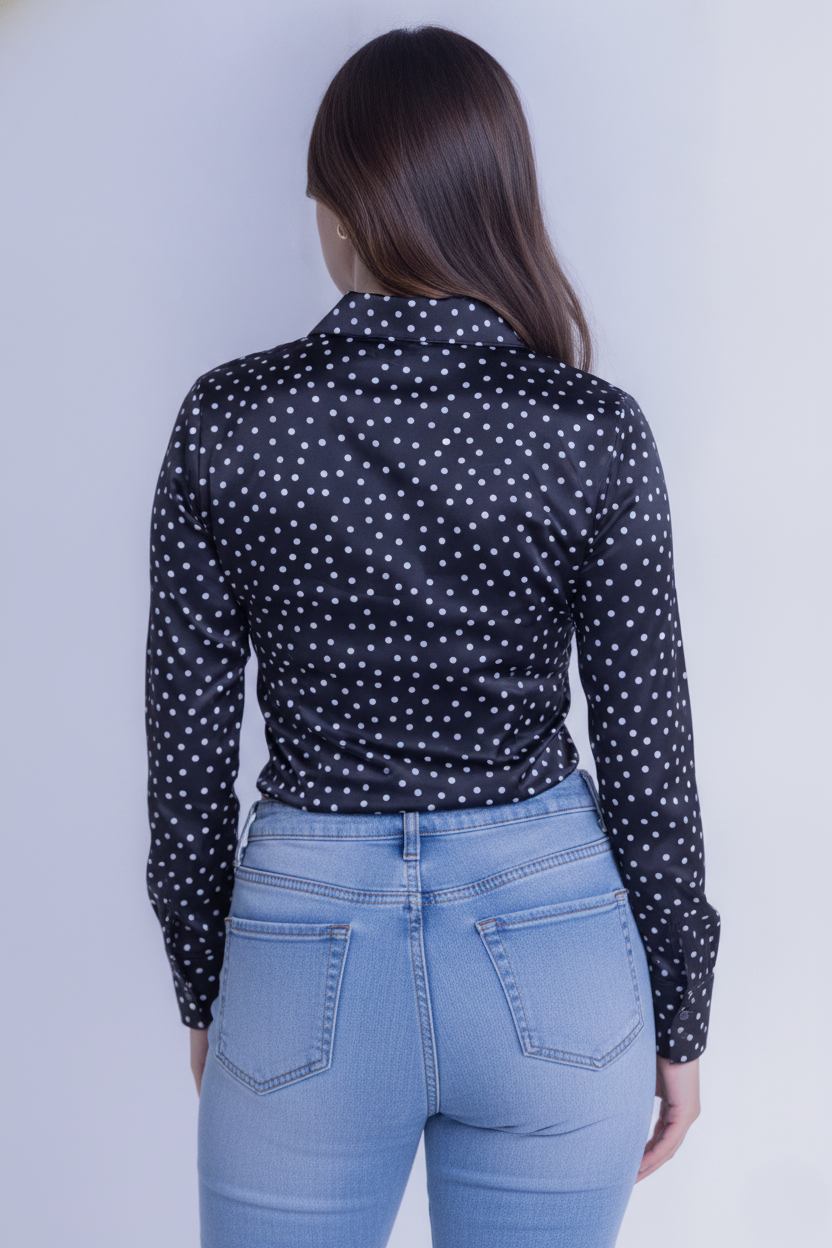 Crop top satinado abotonado con pinzas en cintura