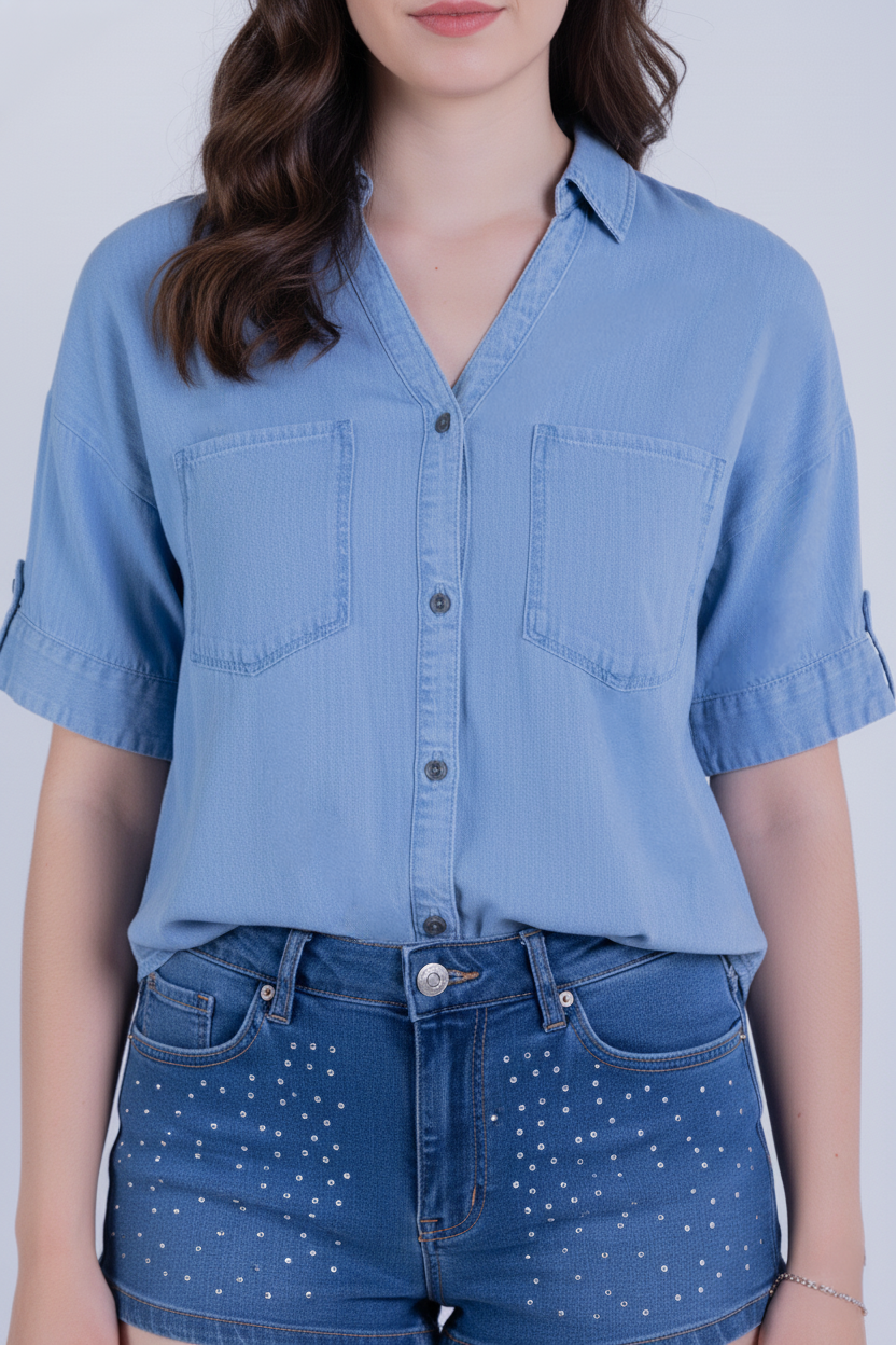 Blusa imitación mezclilla con bolsas en pecho