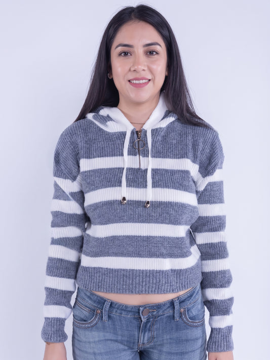 Suéter gris con franjas blancas con capucha y cierre