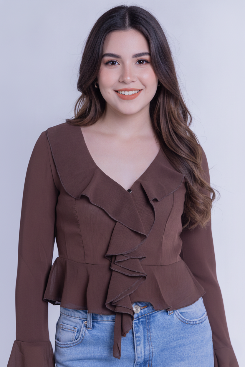Blusa cafe con olanes tipo vaquera