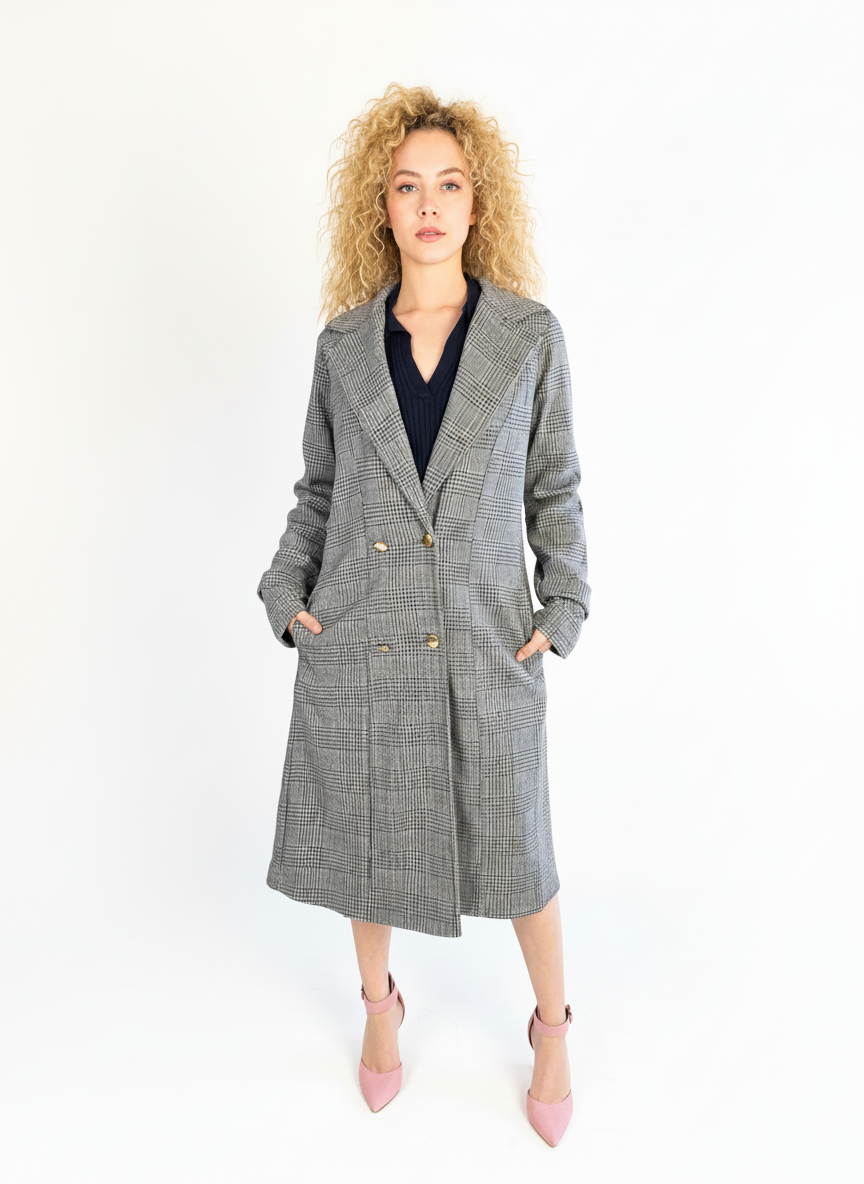 Saco largo gris cuadriculado tipo gabardina