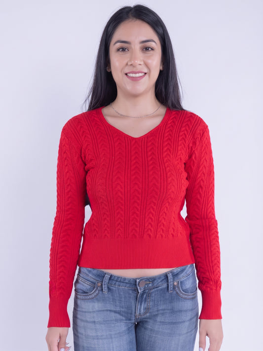 Suéter rojo cuello en V con trenzado en tejido