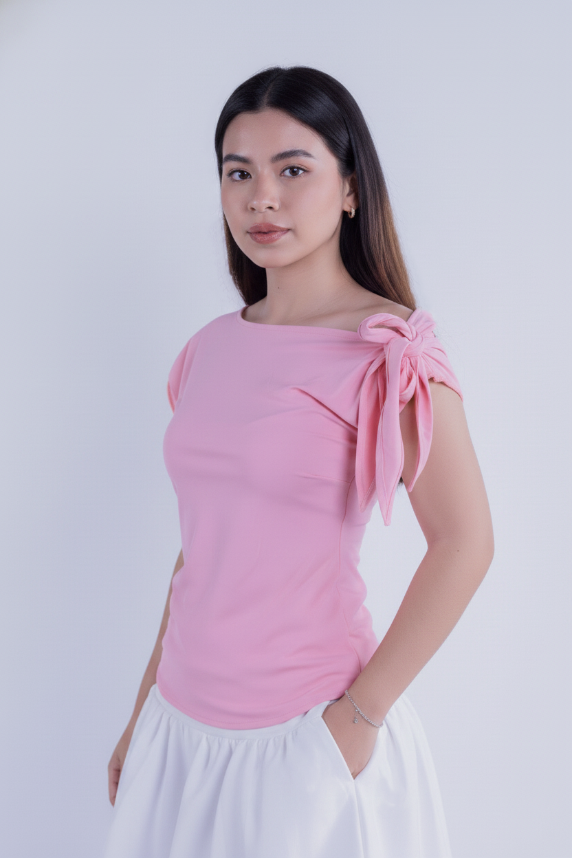 Blusa rosa con amarre en un hombro