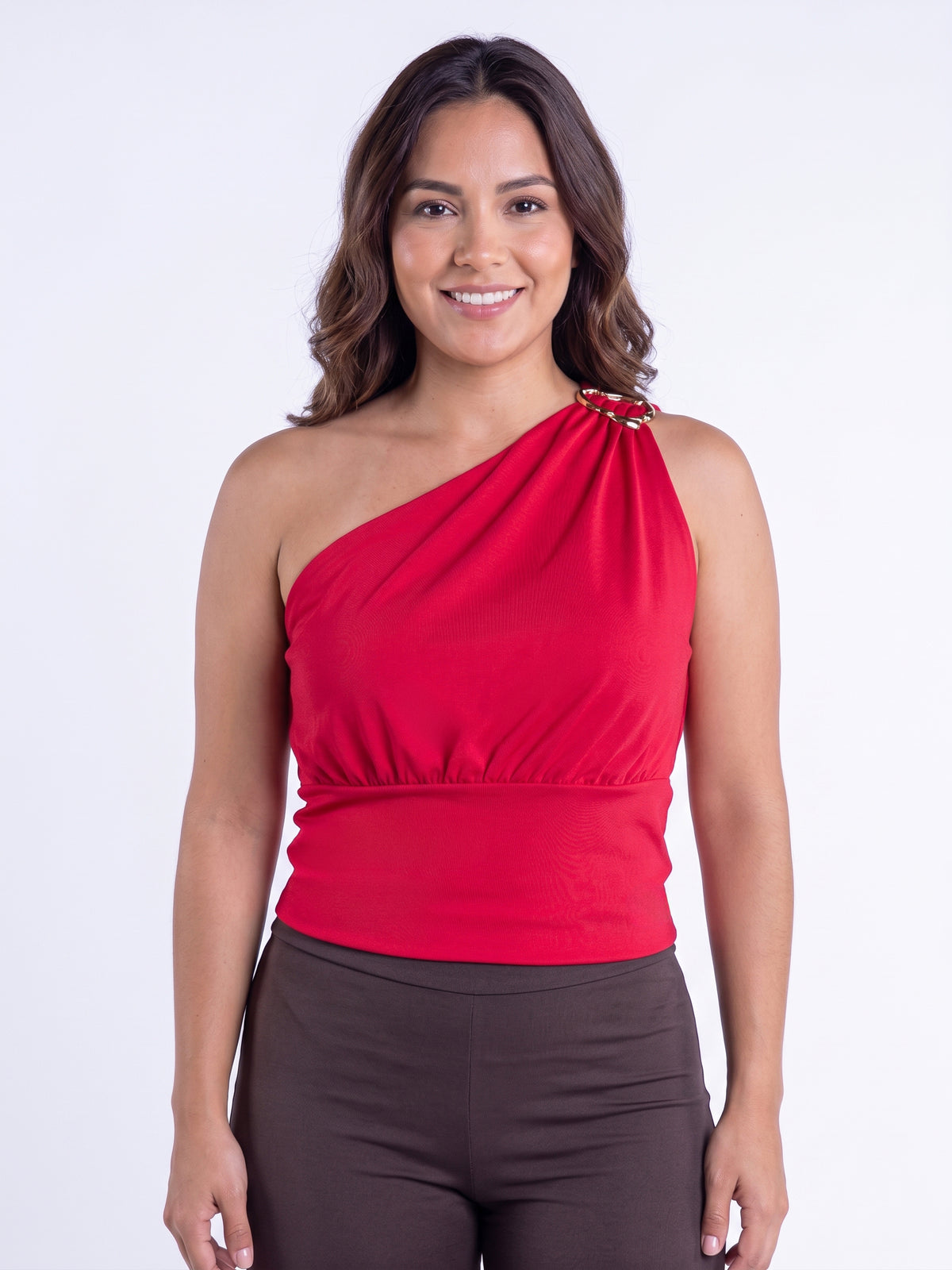 Crop top rojo de un tirante con broche en hombro