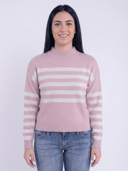 Suéter rosa cuello alto con franjas blancas