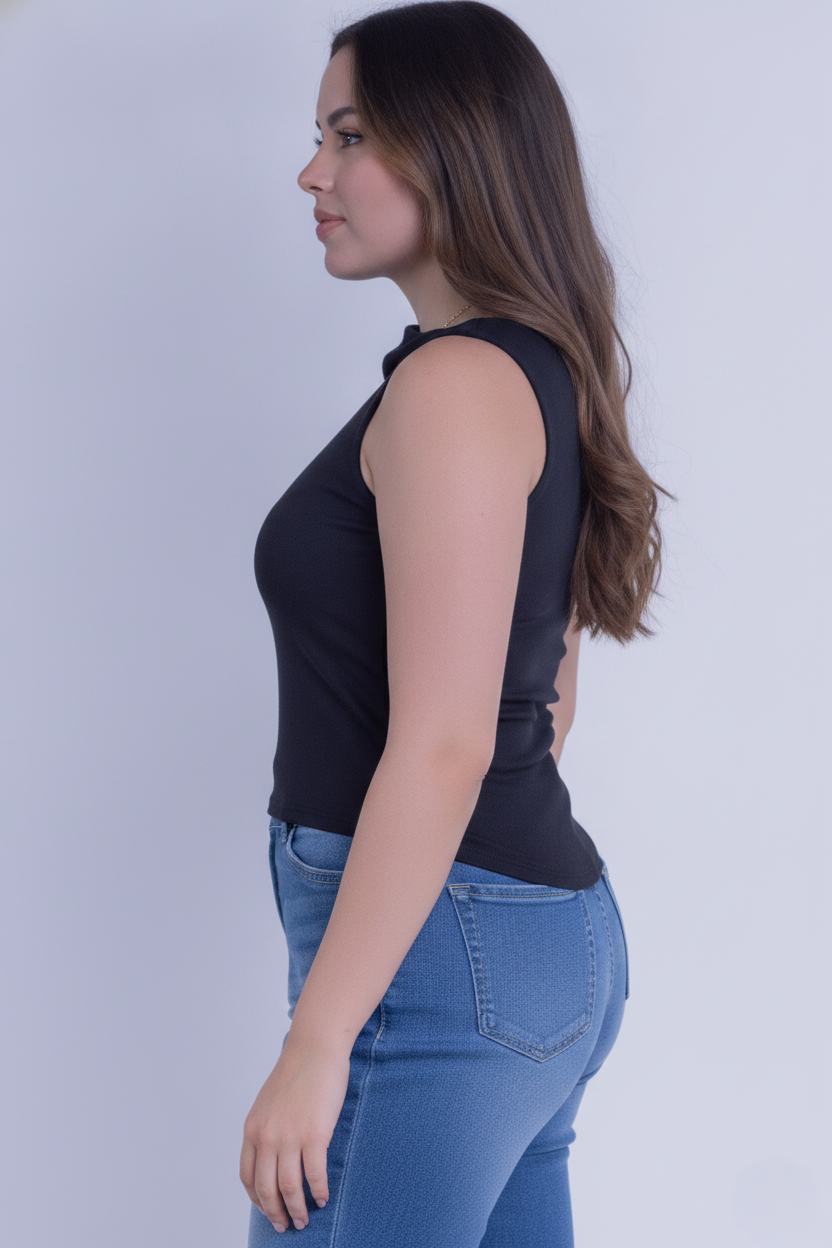 Blusa negra cuello tipo ojal tela tipo mesh