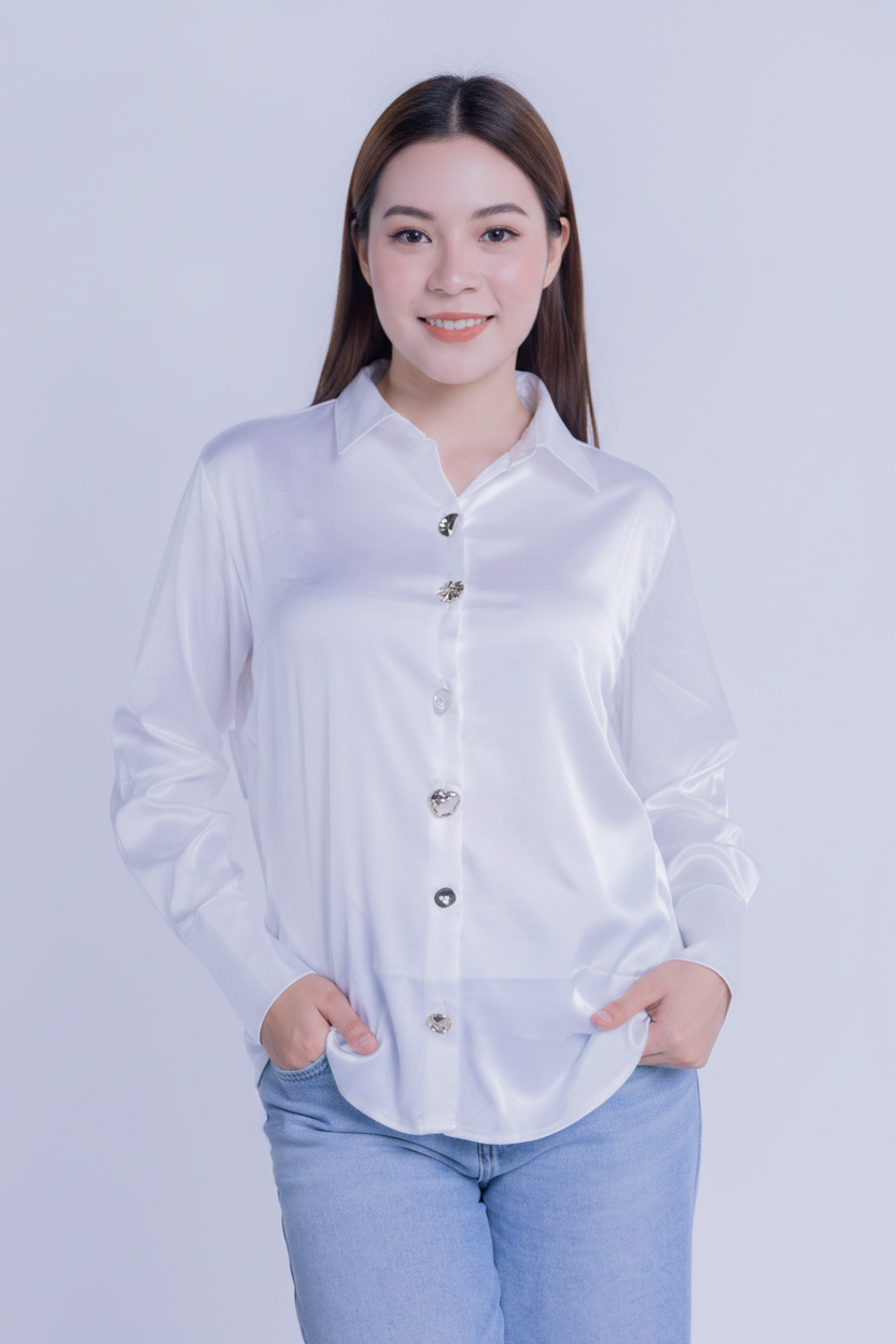 Blusa blanca abotonada satinada
