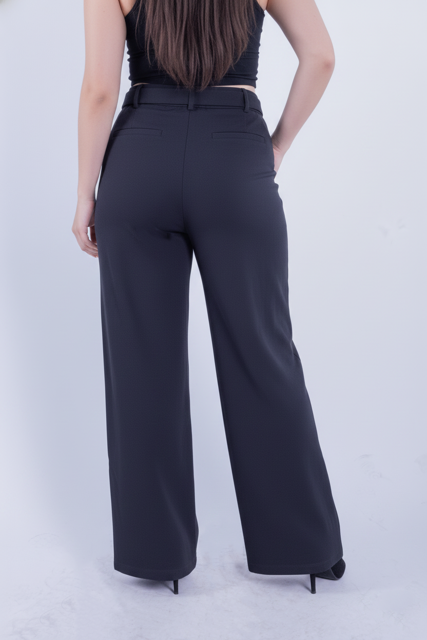 Pantalón negro con medio cinto y bolsas laterales