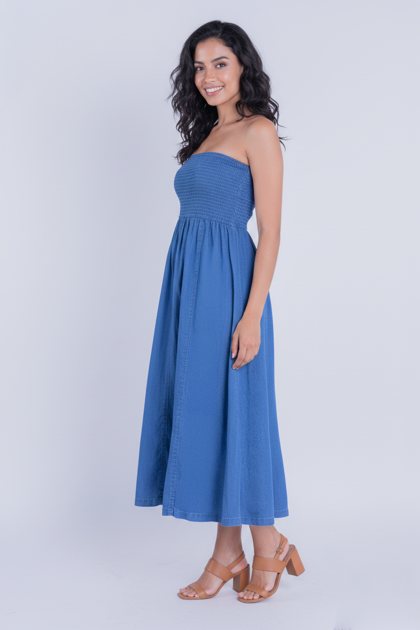 Vestido strapless de mezclilla con falda amplia