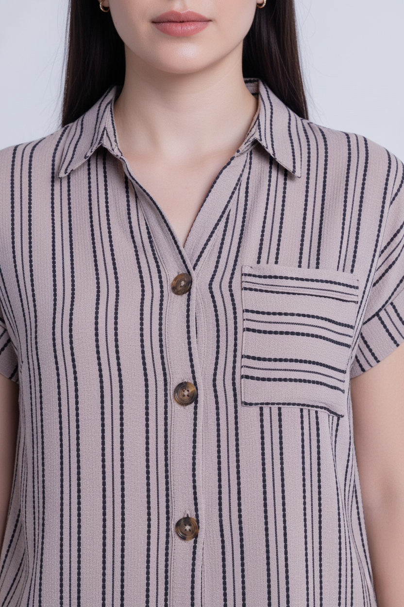 Blusa beige abotonada con rayas verticales