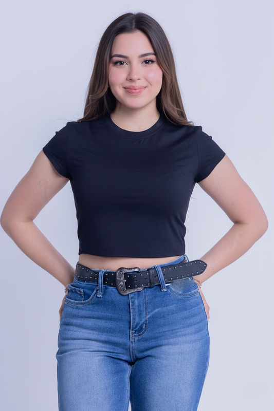 Crop top negro cuello redondo acanalado